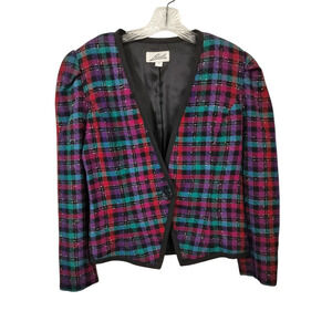 3205) Vtg Lorch Multicolor Plaid Wool Single Button Blazer Size 8
